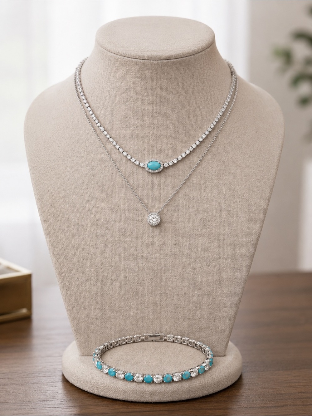New Layered turquoise and CZ Tennis Necklaces and Bracelet Set- Stainless Steel